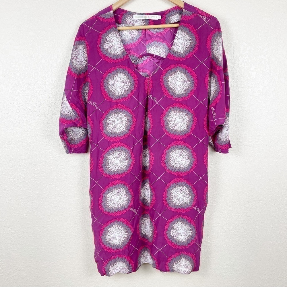 Marie Oliver Printed V-Neck Tunic Cover-Up Dress With Pockets Size XS Women